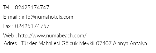 Numa Beach & Spa Hotel telefon numaralar, faks, e-mail, posta adresi ve iletiim bilgileri